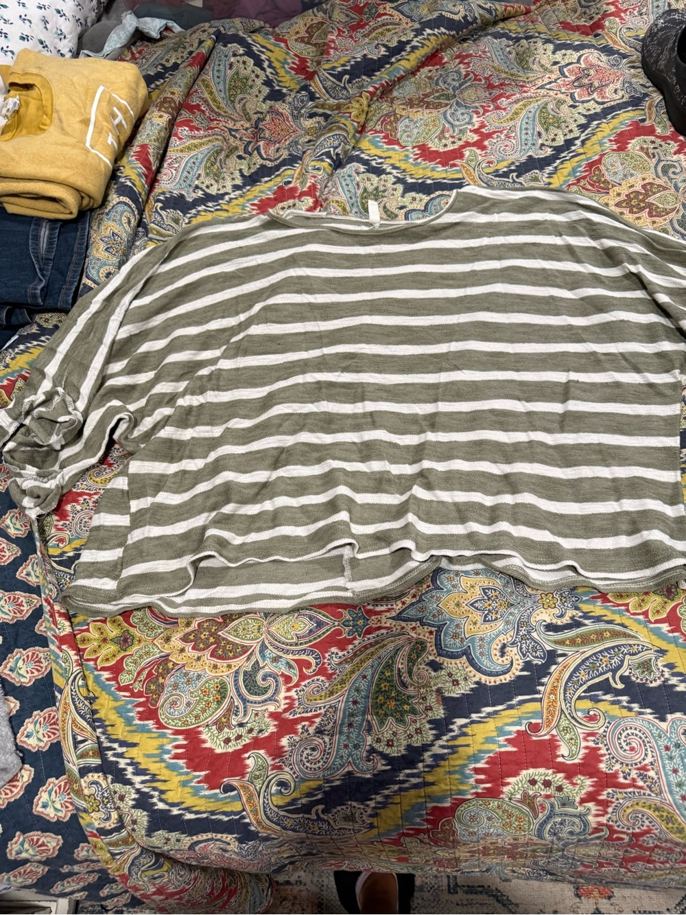Relaxed Olive Green & White Striped Boatneck Top